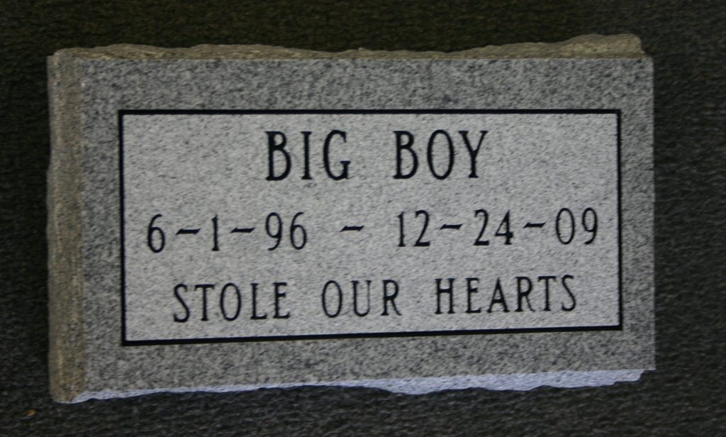 A gray stone plaque reads: "BIG BOY 6-1-96 – 12-24-09 STOLE OUR HEARTS" against a dark background.