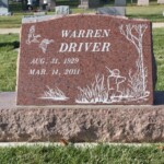 A gravestone for Warren Driver, showing dates August 31, 1929 to March 14, 2011, with hunting scene engravings.
